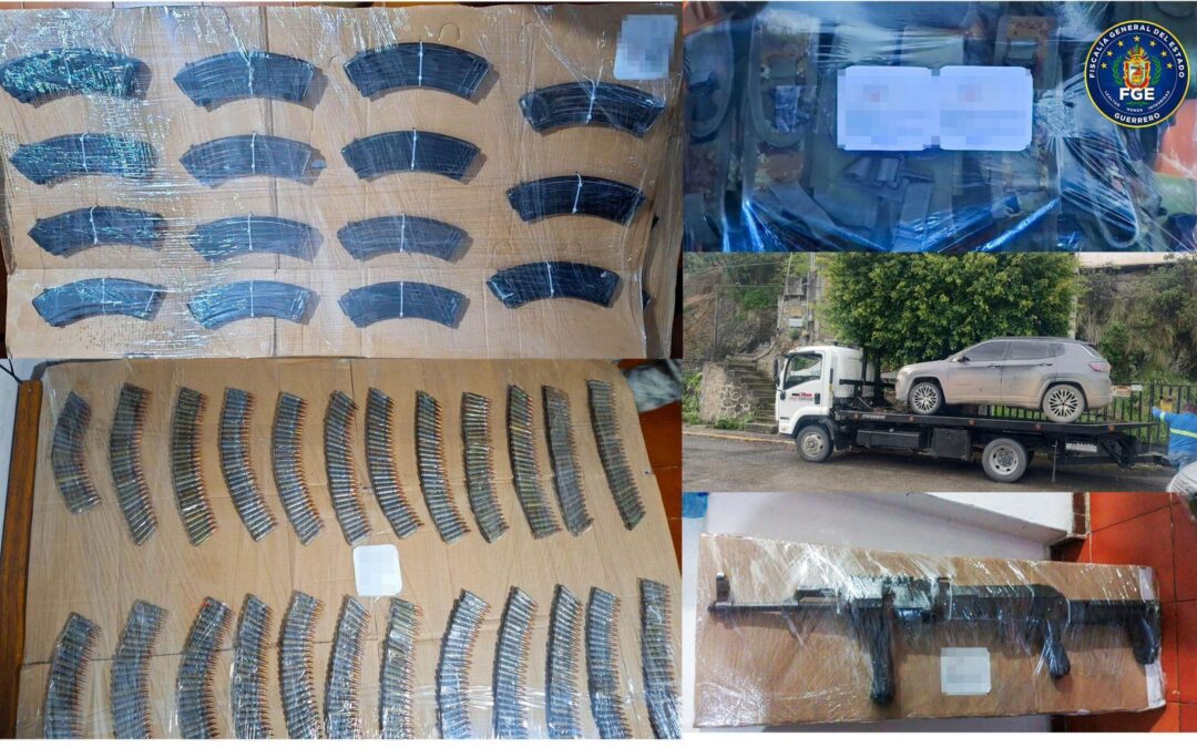 FGE Guerrero asegura más de 700 cartuchos útiles, un arma larga, cargadores, equipo táctico y un vehículo en Taxco de Alarcón