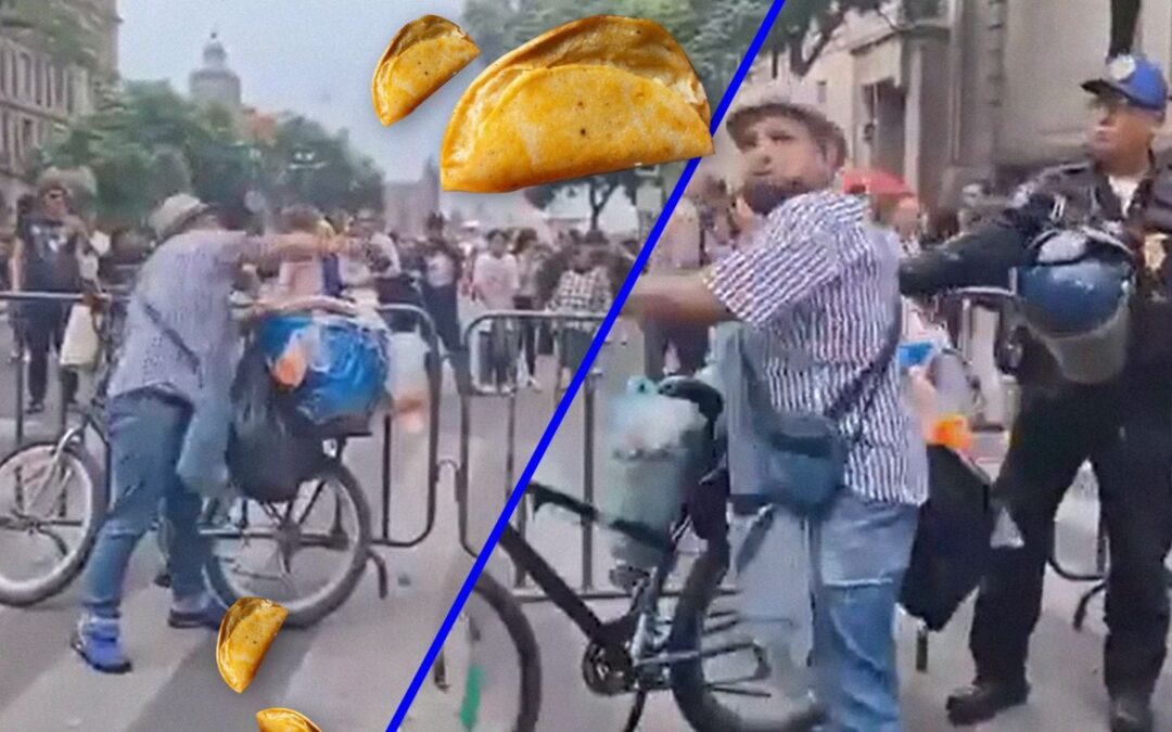 ¡De papa y de chicharrón!: Vendedor agrede a policías a ‘tacazos’ de canasta (VIDEO)