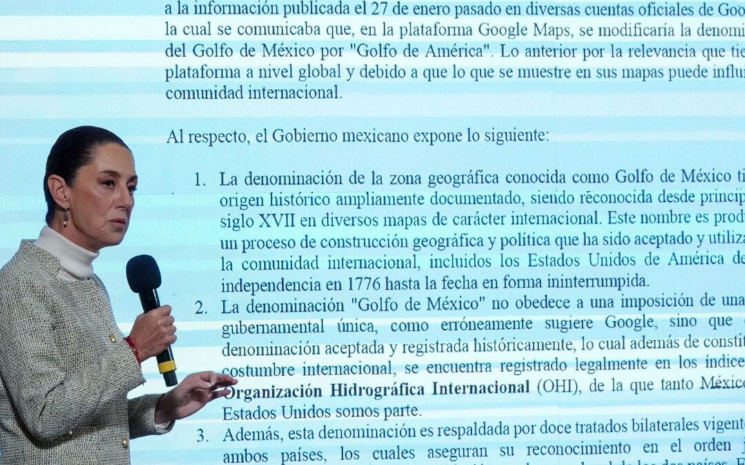 Sheinbaum explica a Google ‘con bolitas y palitos’ por qué no aplica nombre de ‘Golfo de América’