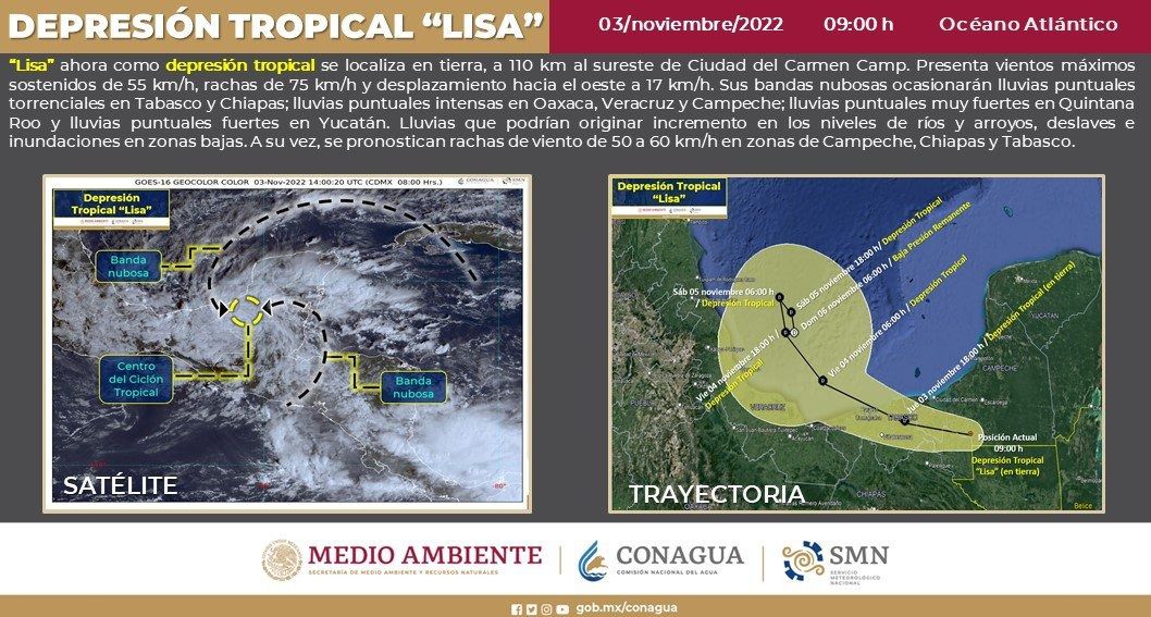 ‘Lisa’ se degrada a depresión tropical sobre Campeche; en 7 estados habrá lluvias
