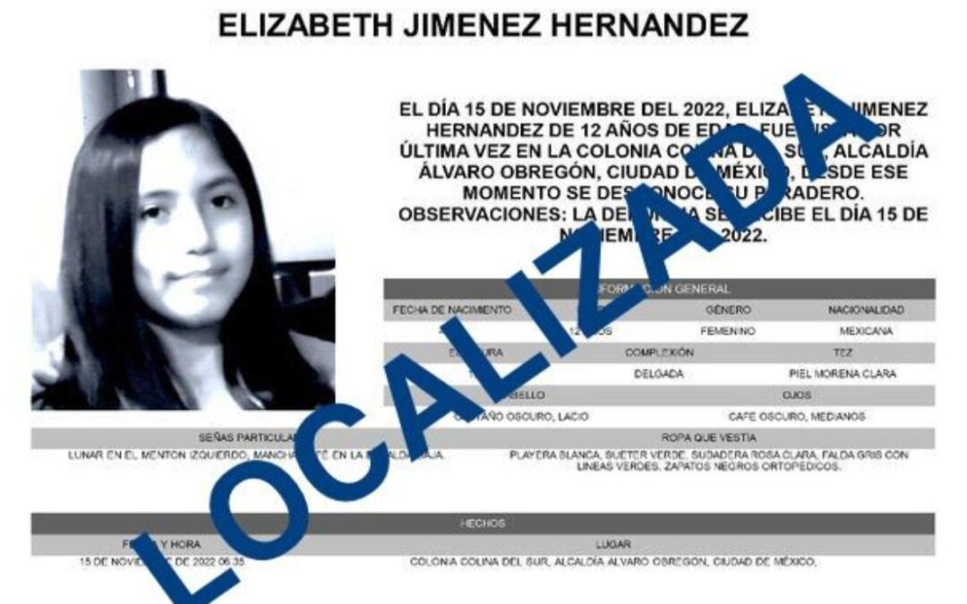 Localizan con vida a Elizabeth Jiménez, menor de 12 años desaparecida en Álvaro Obregón