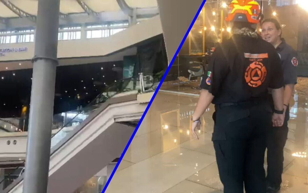 Lluvia ‘revienta’ techo en plaza comercial en San Pedro, Nuevo León (VIDEO)
